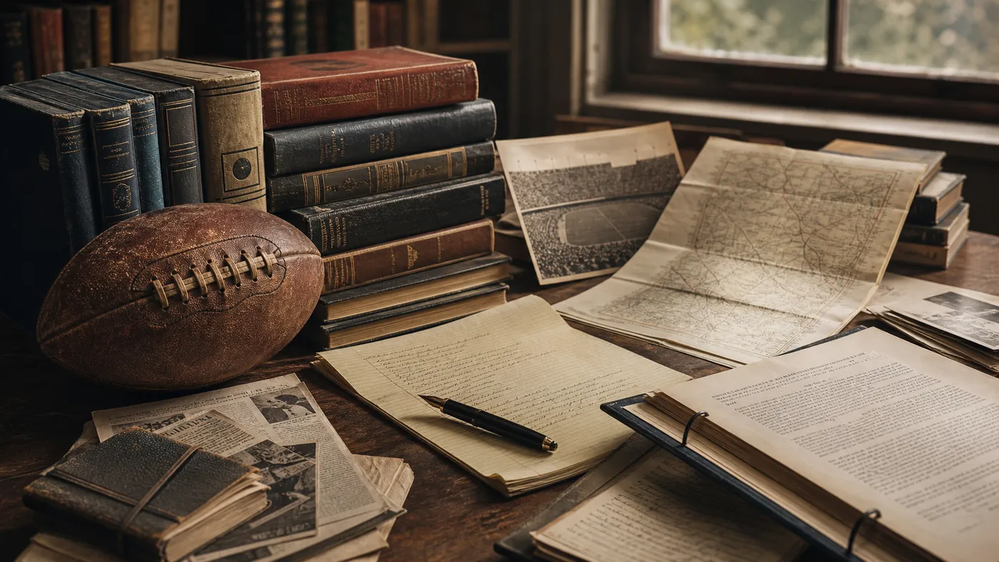 A historian’s table with an old leather football, archival books, photographs, a map, handwritten notes, and a fountain pen.